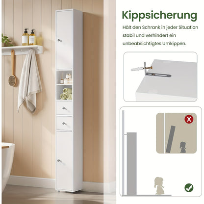 1pièce Armoire de salle de bain, Armoire de salle de bain étroite et haute avec tiroirs, Compartiments de meubles de salle de bain, Étagères ajustables, Portes, Blanc, MDF, 20 x 180 x 20 cm