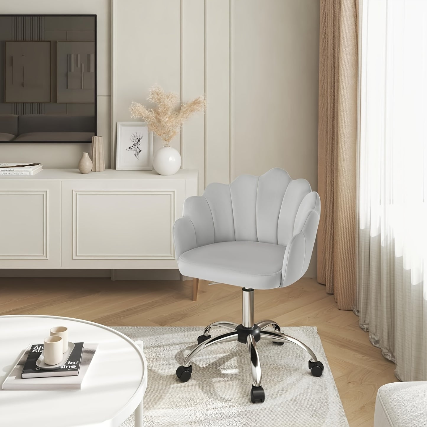 1pc Chaise de Bureau Maison, Chaise de Bureau, Chaise de Cosmétique, Chaise en Velours avec Dossier en Forme de Pétale - Confortable et Belle, Chaise Pivotante avec Roulettes, Hauteur de Chaise Réglable, Base en Métal, Facile à Assembler