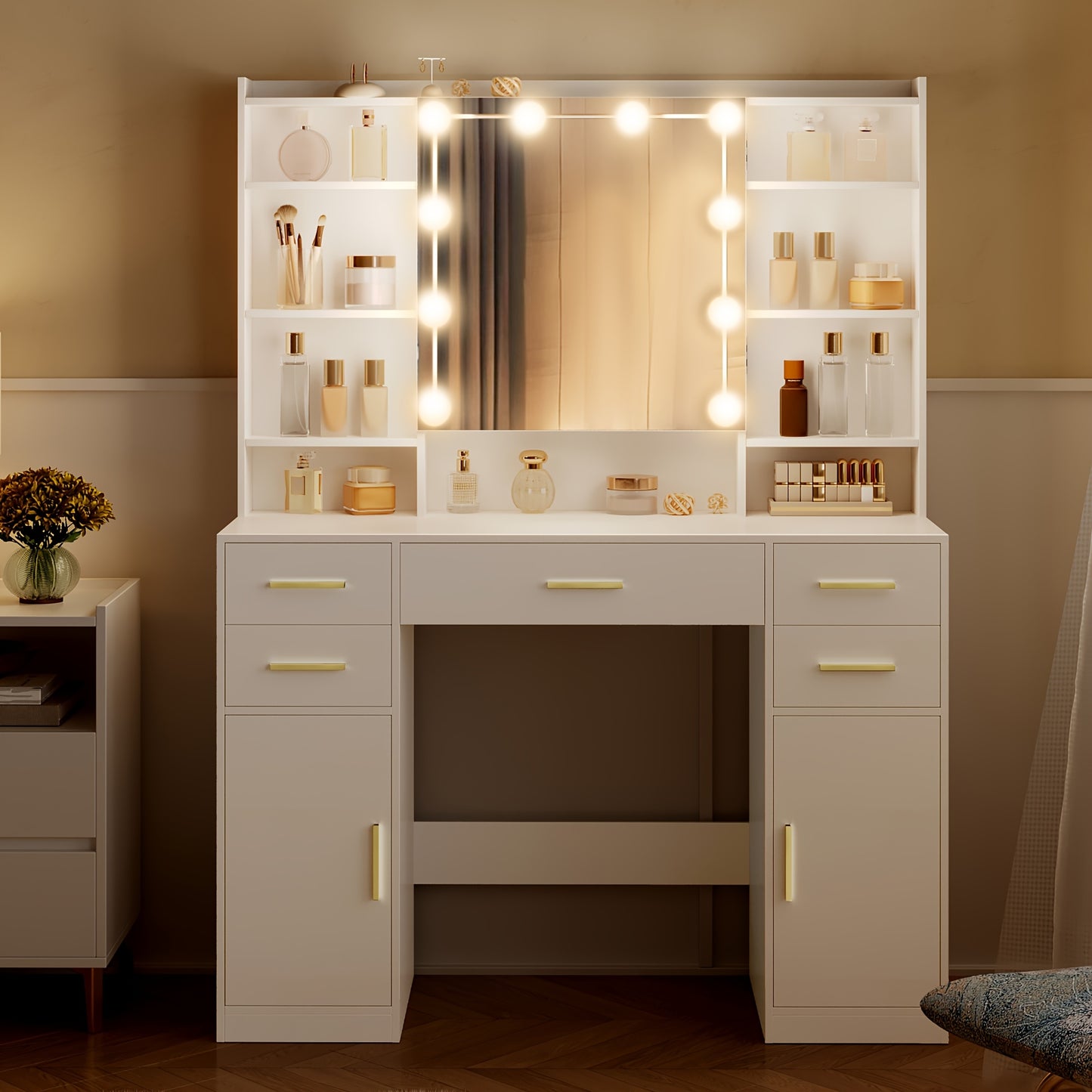 Table de Toilette avec Miroir, Équipée de 10 Lumières LED, Luminosité Réglable, 5 Tiroirs, 2 Meubles, et 9 Étagères Ouvertes, Incluant des Étagères Disposées, Convient pour une Chambre à Coucher, Mesurant 40 × 108 × 144 Cm, en Blanc