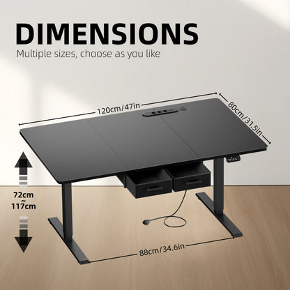 Bureau Électrique Réglable en Hauteur avec 2 Tiroirs, Prises Intégrées sur le Plateau Ergonomique - Solution Polyvalente pour Bureau à Domicile, Adultes