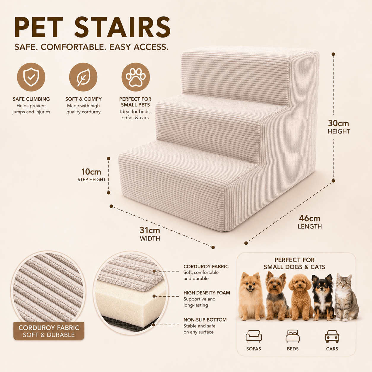 Escalier pour chiens et chats – 3 marches, velours côtelé doux, dessous antidérapant, housse amovible, rampe, plateforme