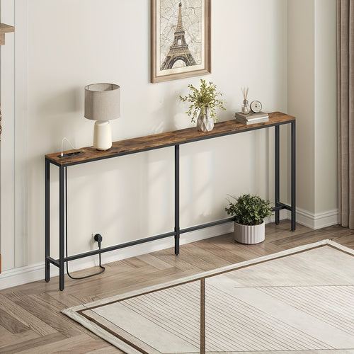 Table d'appoint latérale de 200 cm avec station de charge, table de canapé étroite, console de table avec prise électrique, table d'entrée de style industriel, avec port USB, convient pour l'entrée, le couloir, le foyer, le salon, etc., gris, marron rétro