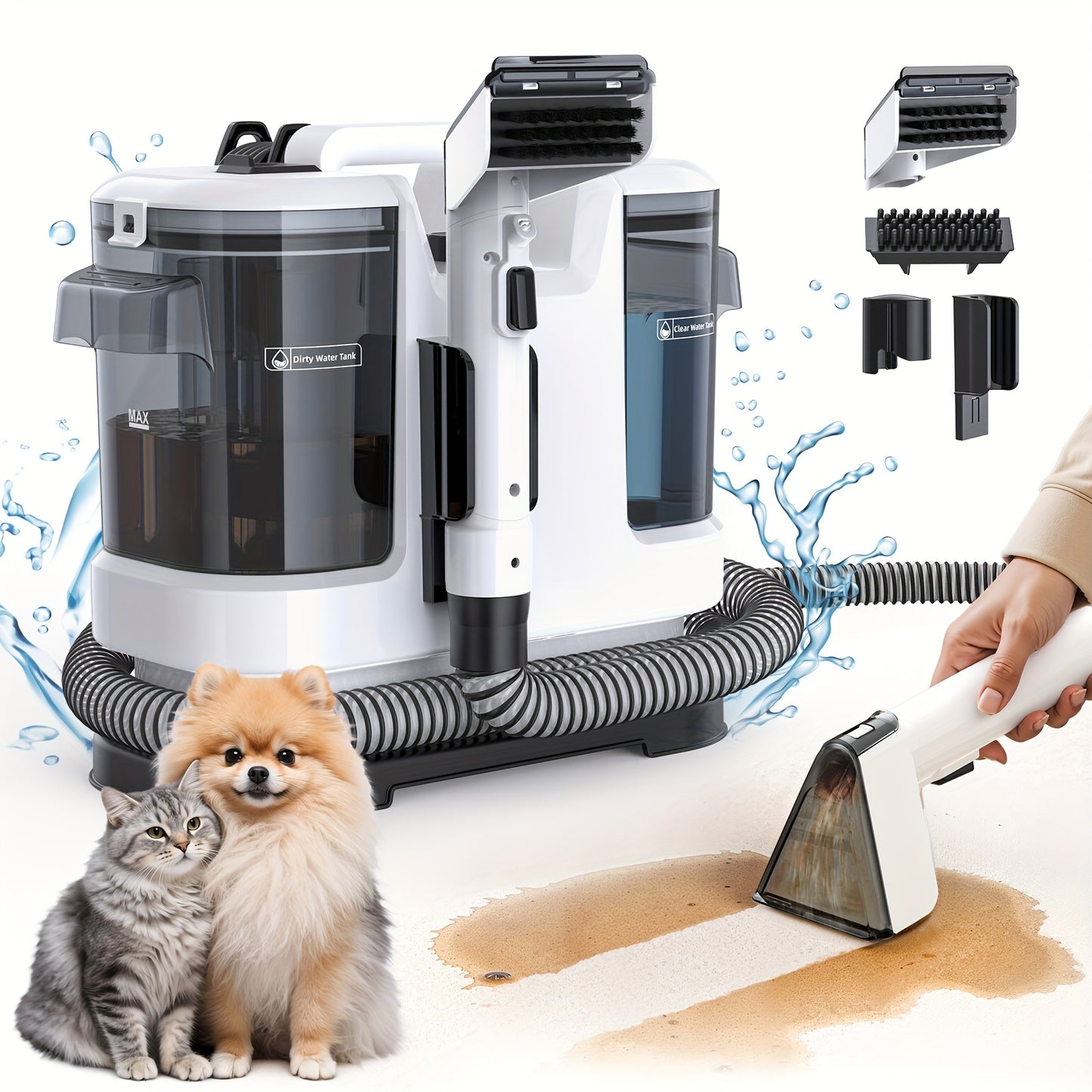 Lubluelu Aspirateur Balai Puissant 16500Pa, Aspirateur Vertical Portable avec Outils Multifonctions, Double Réservoir d'Eau, Design Économiseur d'Espace, Nettoyage en 3 Étapes, pour Tapis, Animaux, Sièges de Voiture, Canapé, Fauteuil, Noël & Halloween