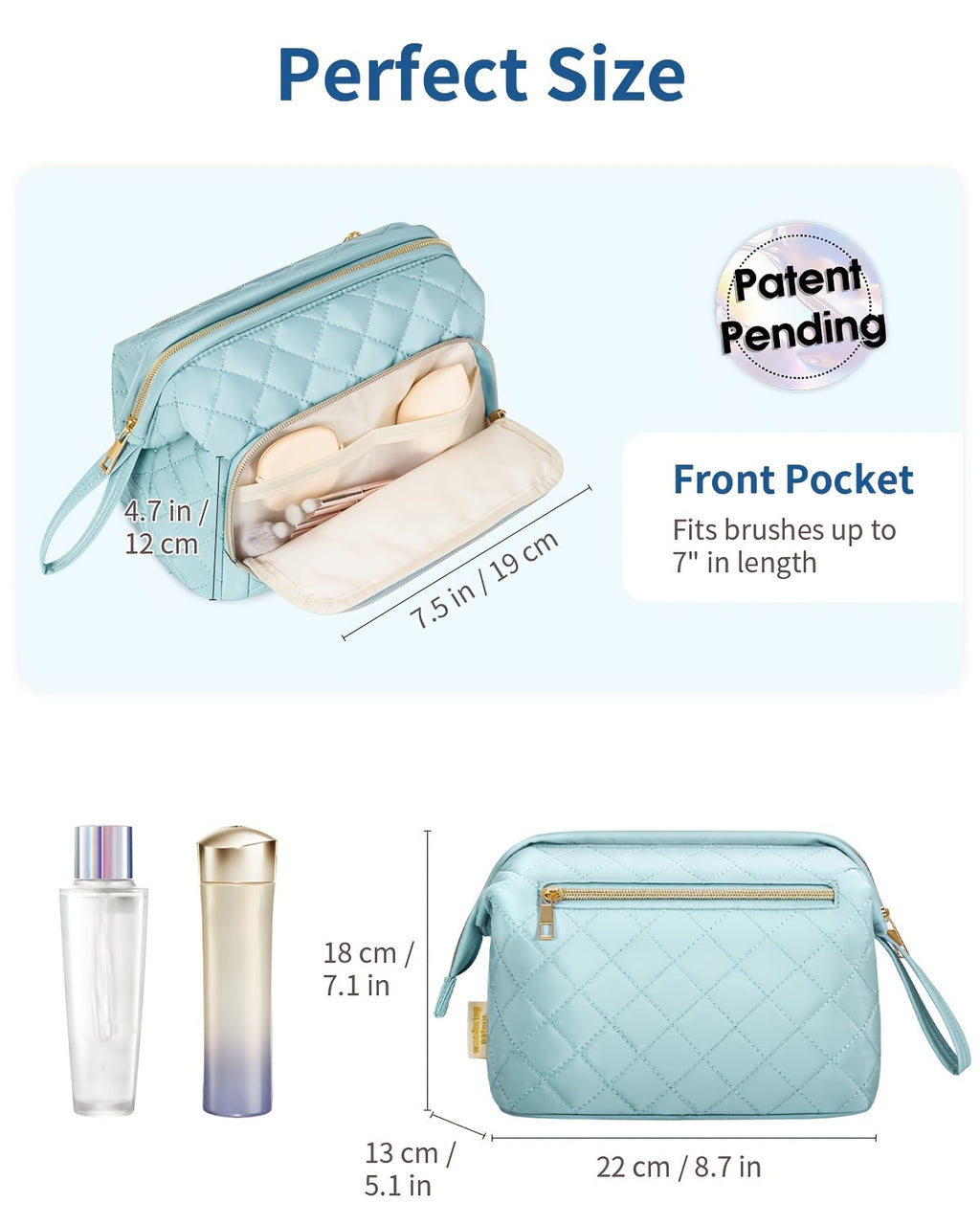 Sac à Maquillage Élégant Matelassé pour Femmes - Grand Organisateur de Cosmétiques à Ouverture Large avec Deux Compartiments (Poche Avant + Poche Arrière Zippée), Trousse de Toilette Spacieuse avec Poignée Solide - Polyester Facile à Nettoyer pour Pinceau