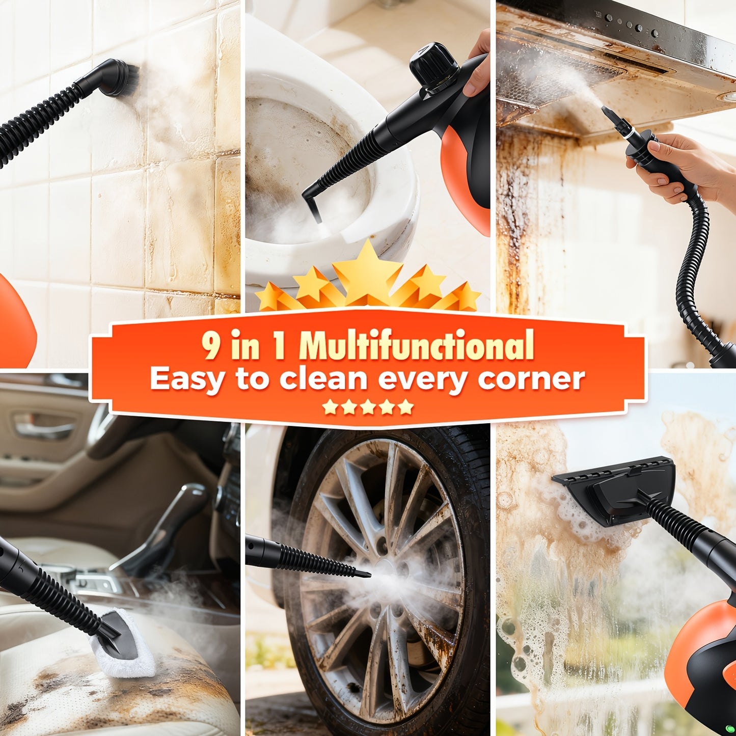 Nettoyeur Vapeur Portable Lubluelu 1200W, Nettoyeur Vapeur avec Plusieurs Accessoires et Verrou de Sécurité, Grande Capacité de 400ml, Vapeur Naturelle pour Nettoyage de Surfaces, Vapeurisateur Polyvalent pour Maison, Voiture, Salle de Bain, Graisse (Oran