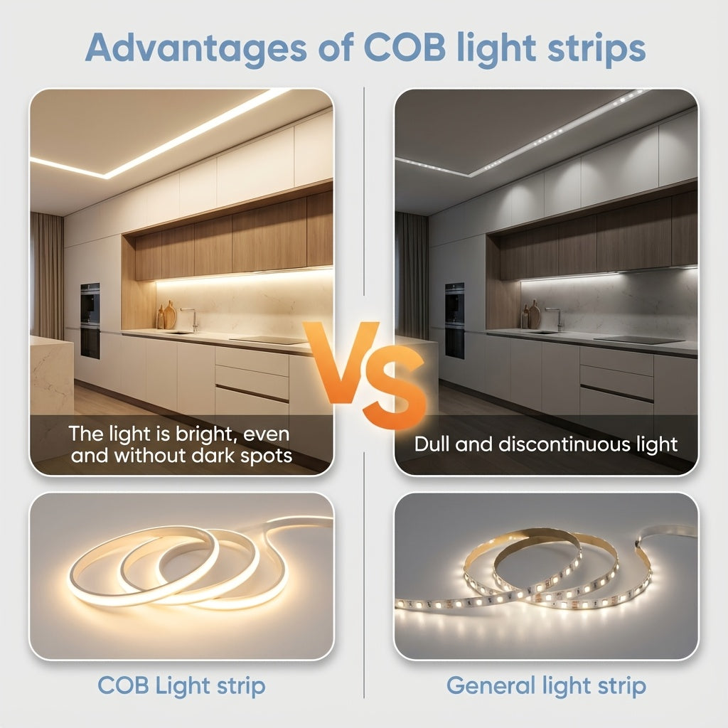 Ruban LED COB 220V 230V, Lampe d'éclairage intérieur flexible, 288 LED par mètre, Ruban adhésif à haute luminosité, Disponible en blanc ou blanc chaud pour la décoration de cuisine et de salle, Comprend une prise et un interrupteur EU