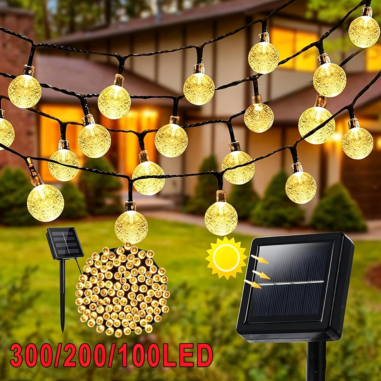 Guirlande Lumineuse Solaire Boule de Cristal 22M/12M 200 LED, 200LED/100LED Extérieur IP65, Lampe Solaire Extérieure, 8 Modes d'Éclairage, Lampe de Jardin Solaire, pour Jardin Patio Porche Décoration de Fête de Mariage Blanc Chaud