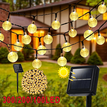 Guirlande Lumineuse Solaire Boule de Cristal 22M/12M 200 LED, 200LED/100LED Extérieur IP65, Lampe Solaire Extérieure, 8 Modes d'Éclairage, Lampe de Jardin Solaire, pour Jardin Patio Porche Décoration de Fête de Mariage Blanc Chaud