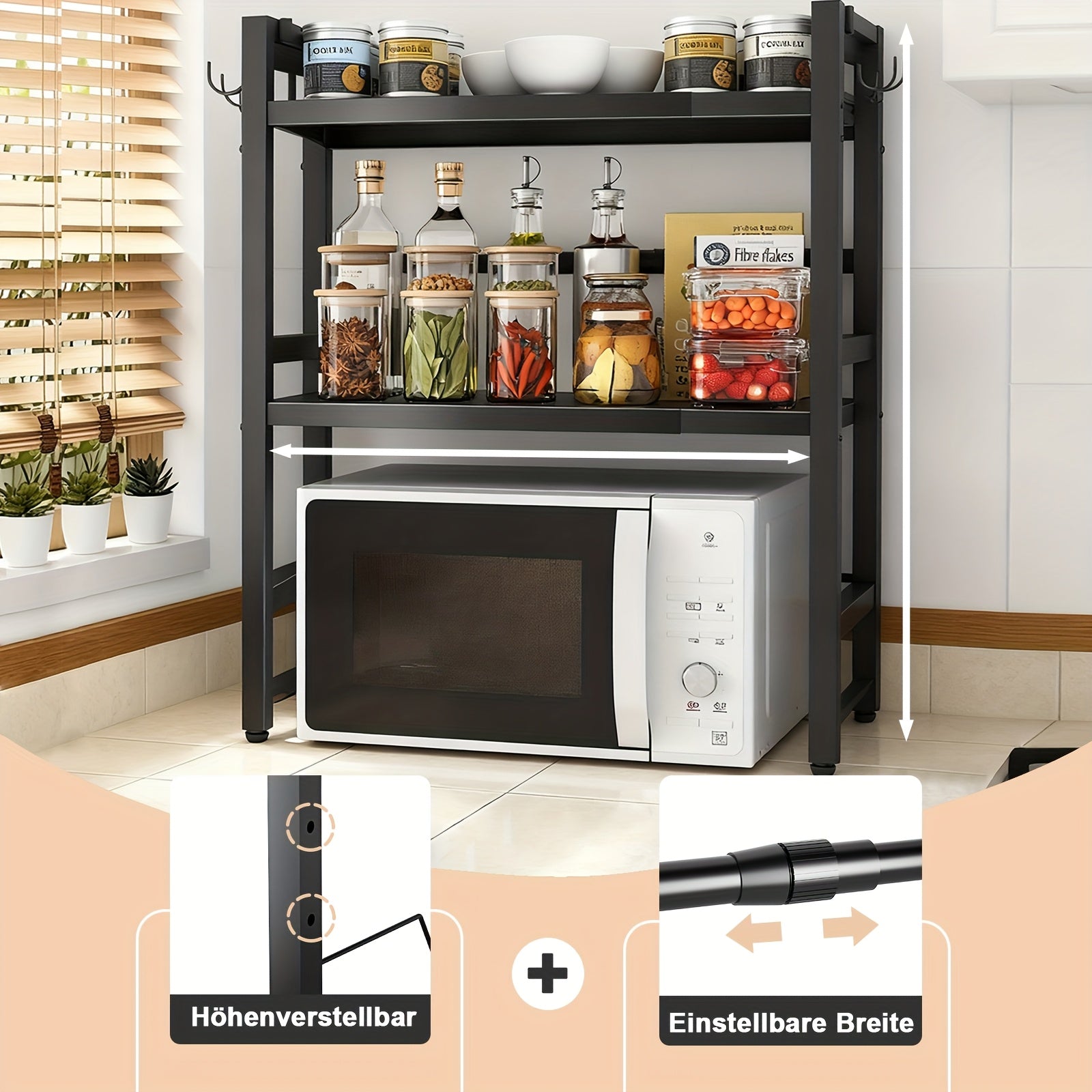 Étagère de micro-ondes extensible à 3 niveaux, support de micro-ondes, convient pour l'organisation de la cuisine, support de micro-ondes, étagère de cuisine, établi, support à pain, étagère de micro-ondes, avec 6 crochets