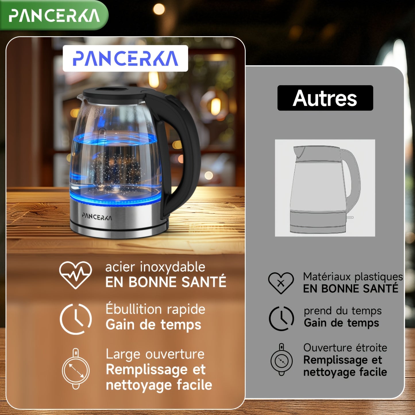 Bouilloire Électrique PANCERKA, Aucun Contact Plastique avec l'Eau, Large Ouverture pour un Nettoyage Facile, Arrêt Automatique, Bouilloire à Thé et à Eau Chaude 1,8 L, Chauffe-Eau et Théière, Noir, 1500W