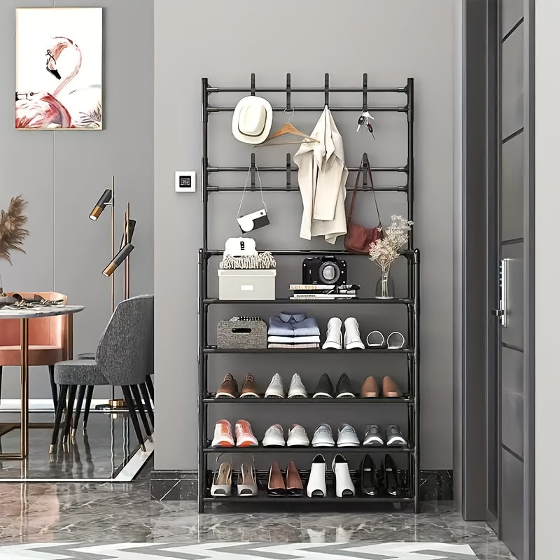 Porte-Chaussures Économiseur d'Espace - Porte-Manteau à 5 Niveaux avec 8 Crochets, Structure Solide en Métal Doré/Plastique, Design Autoportant ou Mural pour Maison, Bureau et Magasin - Idéal pour Ranger Chaussures, Manteaux, Chapeaux, etc., Cadeau d'Hall
