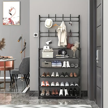 Porte-Chaussures Économiseur d'Espace - Porte-Manteau à 5 Niveaux avec 8 Crochets, Structure Solide en Métal Doré/Plastique, Design Autoportant ou Mural pour Maison, Bureau et Magasin - Idéal pour Ranger Chaussures, Manteaux, Chapeaux, etc., Cadeau d'Hall