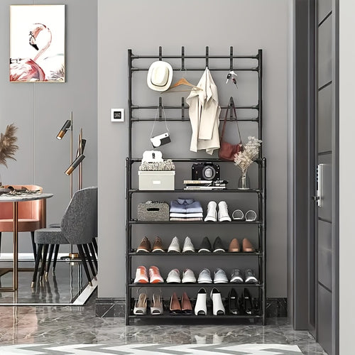 Porte-Chaussures Économiseur d'Espace - Porte-Manteau à 5 Niveaux avec 8 Crochets, Structure Solide en Métal Doré/Plastique, Design Autoportant ou Mural pour Maison, Bureau et Magasin - Idéal pour Ranger Chaussures, Manteaux, Chapeaux, etc., Cadeau d'Hall