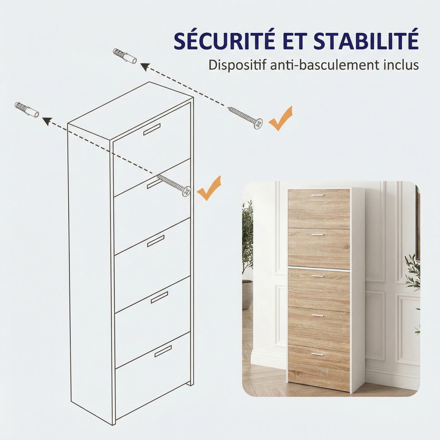 Meuble à chaussures fin avec 5 compartiments à rabat, armoire à chaussures en bois pour jusqu'à 15 paires, organisateur d'entrée peu encombrant
