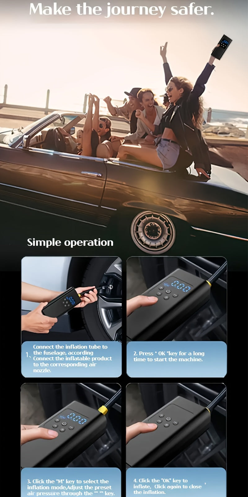 Compresseur d'air portable avec 3 batteries rechargeables, écran LCD, lumière LED et mode SOS - Idéal pour voitures, motos et vélos