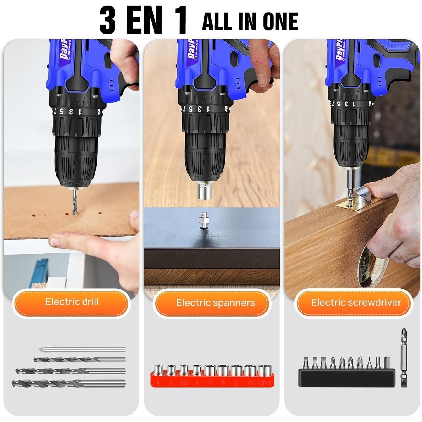 Perceuse combinée sans fil, ensemble de perceuse électrique 21V, perceuse à vis électrique avec réglage de couple 25+1, outils électriques de puissance 60Nm, perceuse électrique, 2 vitesses, lumière LED, kit de perceuse à batterie avec 31 accessoires pour