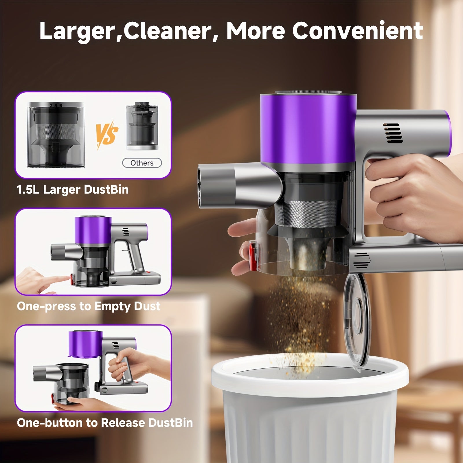 Aspirateur sans fil, 35-70KPA niveaux d'aspiration multiples pour sols durs – vue détaillée 4
