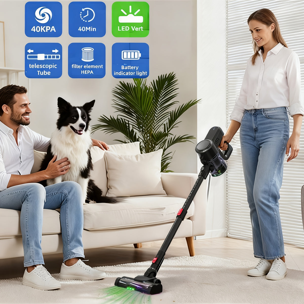 Aspirateur sans fil, Autonomie de 40 Minutes Rechargeable. Léger pour sols durs et poils d’animaux – vue détaillée 4