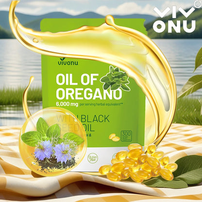 VIVONU Huile d'origan plus huile de graine noire, huile d'origan équilibrée en capsules, gélules d'huile d'origan, carbophénol, thyquinone