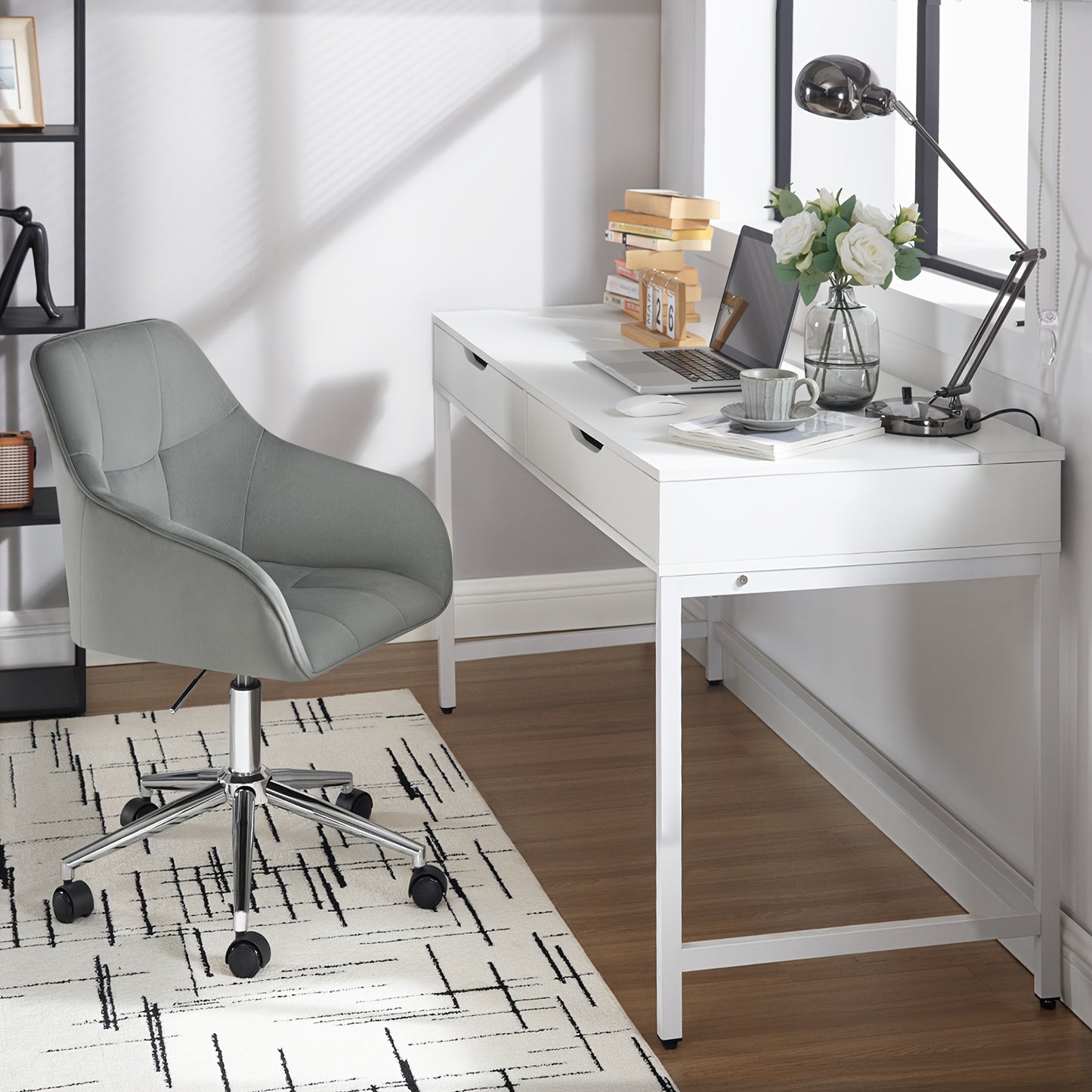 1X Chaise de Bureau Maison, Chaise de Bureau, Chaise Pivotante, Chaise de Cosmétique, Hauteur Réglable, Capacité de Charge Jusqu'à 150 Kg, avec Accoudoirs, Siège en Velours, pour Chambre à Coucher, Bureau, Salon