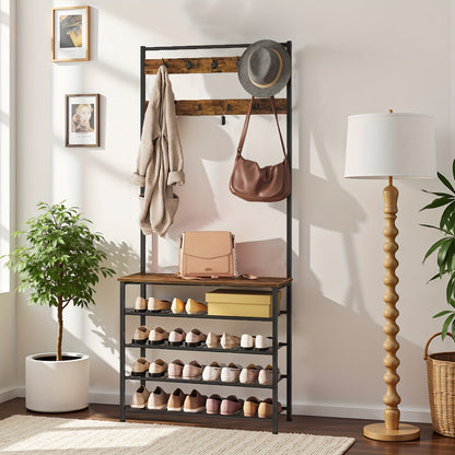 Porte-Manteau avec Étagère à Chaussures et Garde-Robe, Porte-Vêtements avec Rangement pour Chaussures, Meuble à Chaussures à 5 Niveaux, pour Couloir, Marron Foncé