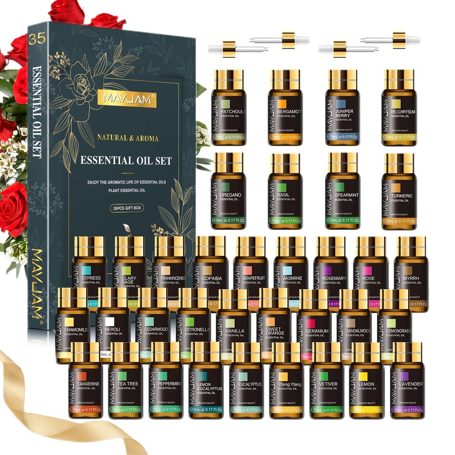 MAYJAM Lot de 35 huiles essentielles de 5 ml, coffret cadeau pour diffuseurs, humidificateur, fabrication de bougies artisanales, amélioration de l'humeur, cadeau idéal pour diverses occasions, cadeaux de Noël, surprise de la Saint-Valentin, cadeau de rem