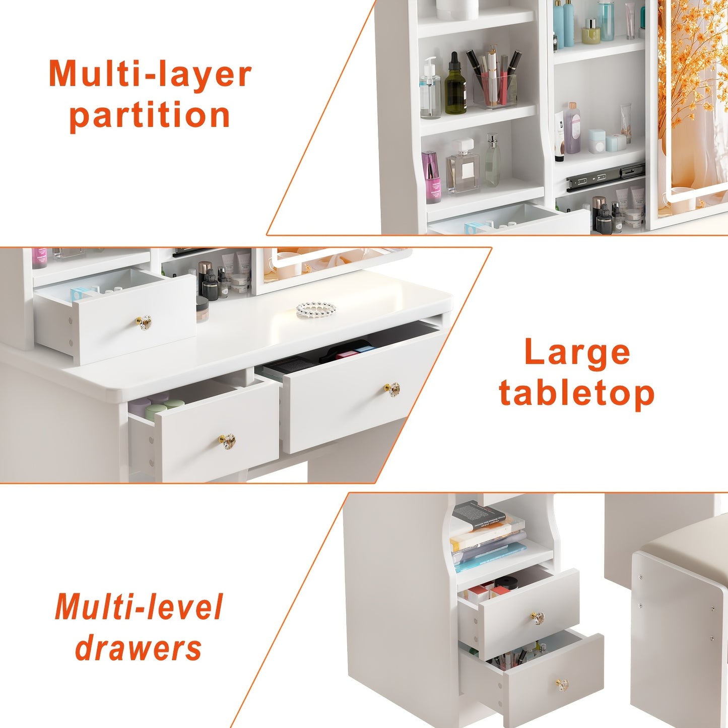 Bureau de Toilette, Bureau de Cosmétique avec Miroir et Lumières, Ensemble de Table de Cosmétique avec 5 Tiroirs, Tabouret et Étagères Ouvertes, 3 Réglages de Lumière à Luminosité Réglable, Blanc