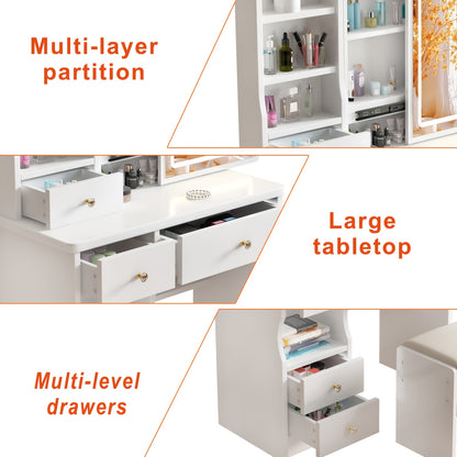 Bureau de Toilette, Bureau de Cosmétique avec Miroir et Lumières, Ensemble de Table de Cosmétique avec 5 Tiroirs, Tabouret et Étagères Ouvertes, 3 Réglages de Lumière à Luminosité Réglable, Blanc