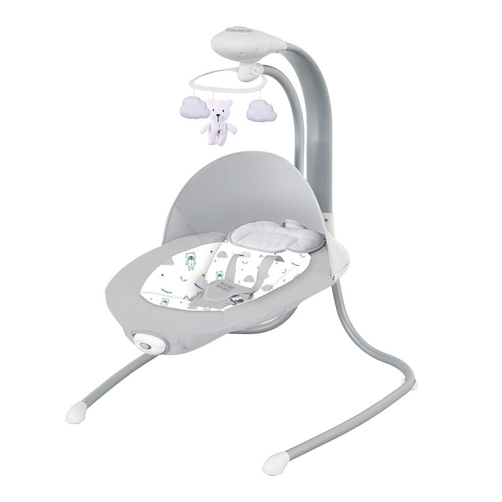 Bercelle à bascule électrique rotative à 360° Teddy Plus, chaise longue confortable avec vibrations, mélodies, minuterie, cadre en métal robuste, capacité de poids jusqu'à 9 kg, gris