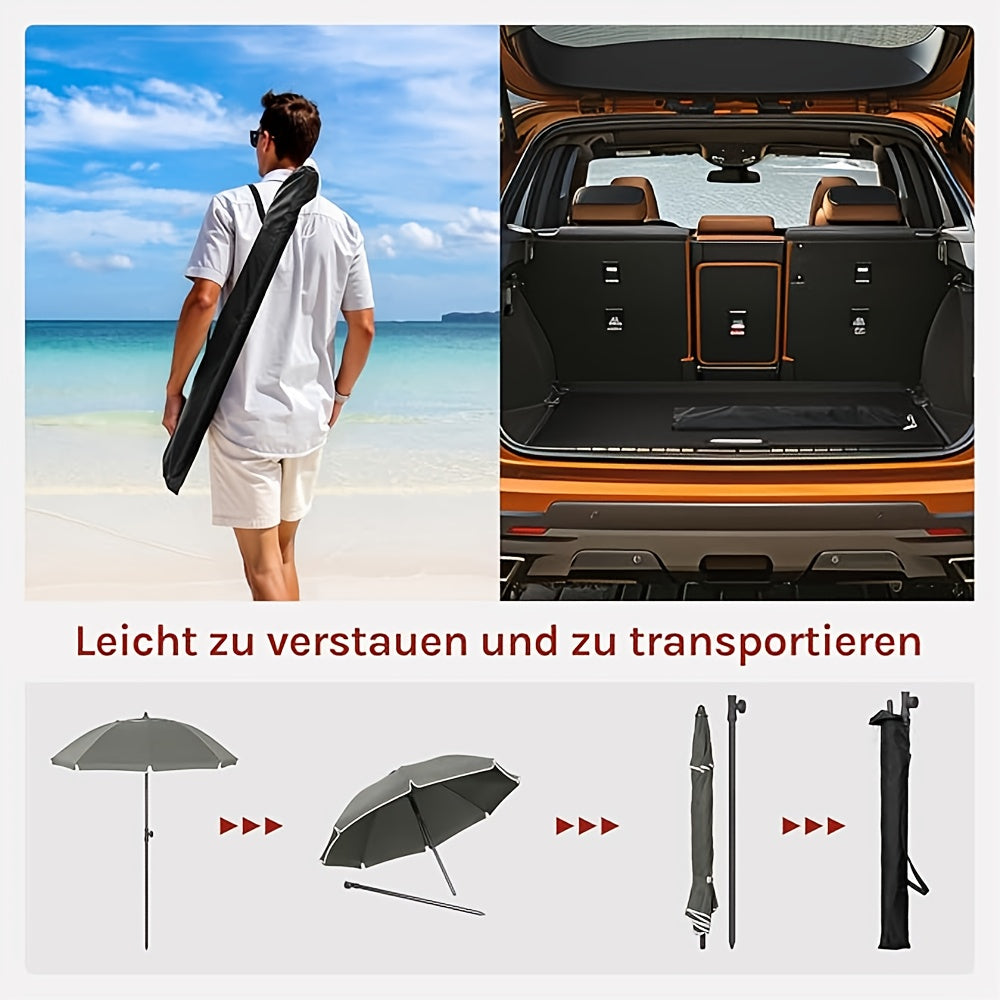 1 parasol de plage, parasol d'ombrage pour balcon, poids de 160 G/m², parasol de plage résistant aux UV, UPF 50+, équipé de 8 piliers et de trous de ventilation, hauteur réglable et pliable, avec un sac portable, convient pour balcon/jardin/plage