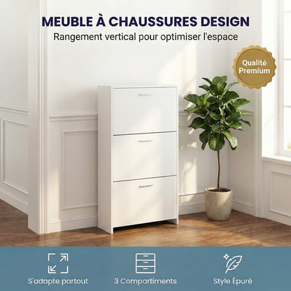 Meuble à chaussures avec 3 compartiments à abattant, armoire de rangement en bois pour jusqu'à 18 paires, organisateur d'entrée peu encombrant