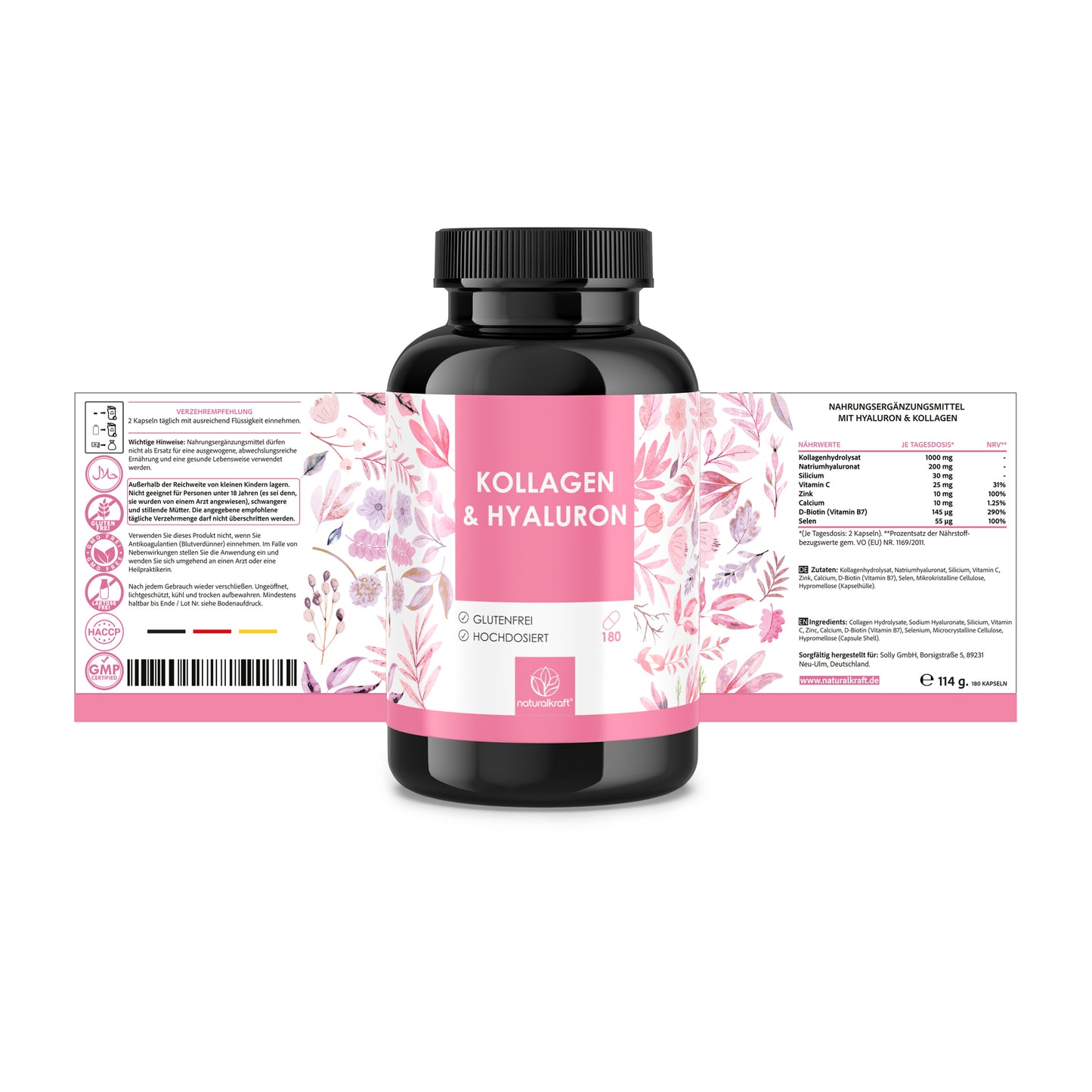 NATURALKRAFT® Collagène & Acide Hyaluronique Premium - avec Biotine, Zinc, Sélénium, Vitamine C & Silicium - Haute Biodisponibilité, Testé en Laboratoire, Qualité Marque Allemande - 180 Capsules