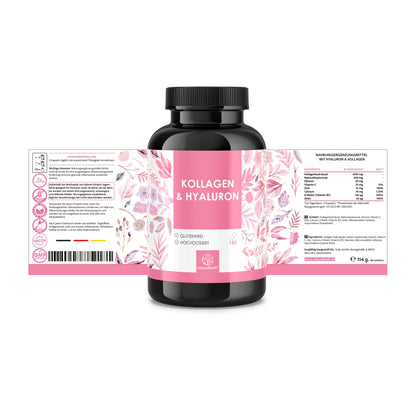 NATURALKRAFT® Collagène & Acide Hyaluronique Premium - avec Biotine, Zinc, Sélénium, Vitamine C & Silicium - Haute Biodisponibilité, Testé en Laboratoire, Qualité Marque Allemande - 180 Capsules