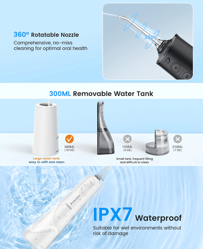 Irrigateur Buccal Portable Rechargeable, Hydropulseur Dentaire, Irrigateur Dentaire Professionnel sans Fil 8 Buses 5 Modes, IPX7 Étanche 300ML pour le Nettoyage des Dents, Maison & Voyage