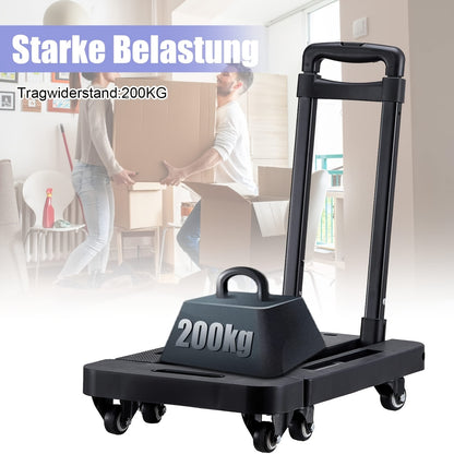 Chariot pliable avec 2 cordes élastiques, 6 roues, capacité 200 kg, pour bagages, voyages, courses, déménagement et bureau