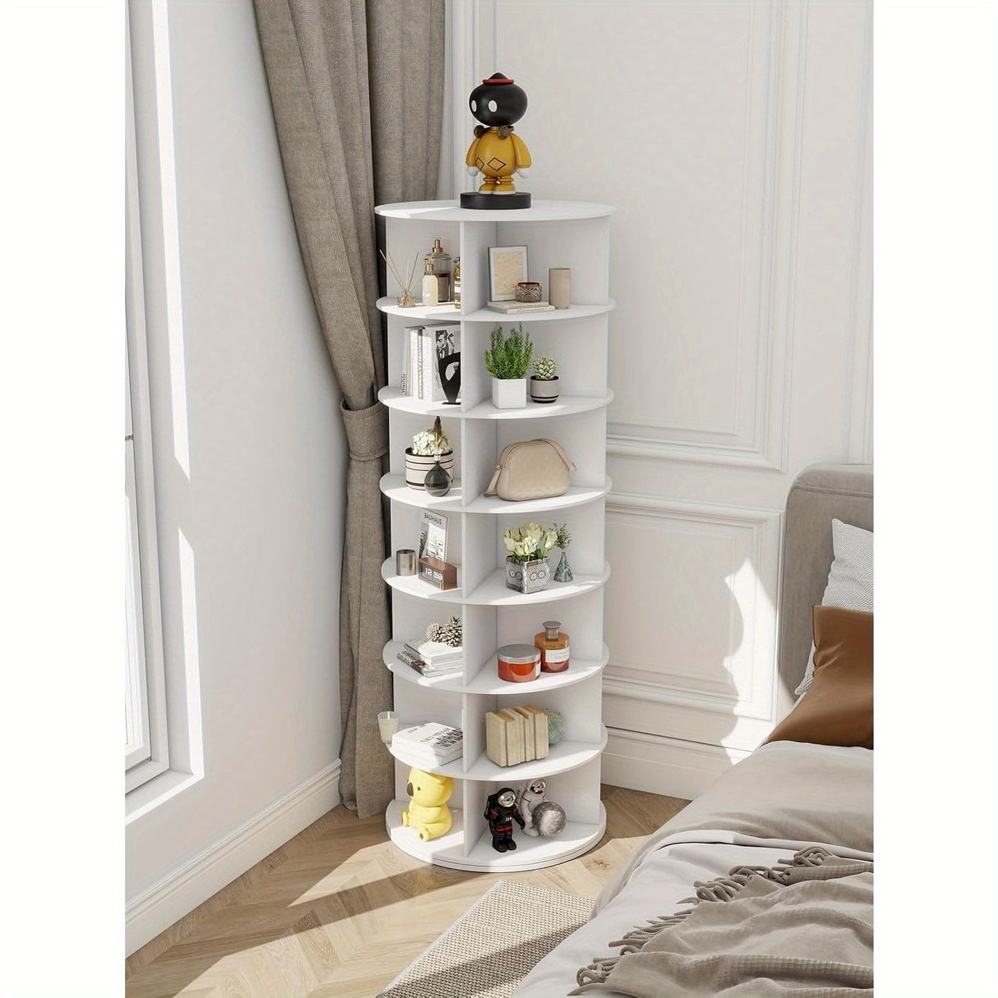 à chaussures rotative 5/6/7 niveaux pour 20/24/28 chaussures, présentoir rotatif à 360°, organisateur Lazy Susan blanc, étagère à chaussures, carrousel de rangement rond vertical pour chapeaux et sacs à main