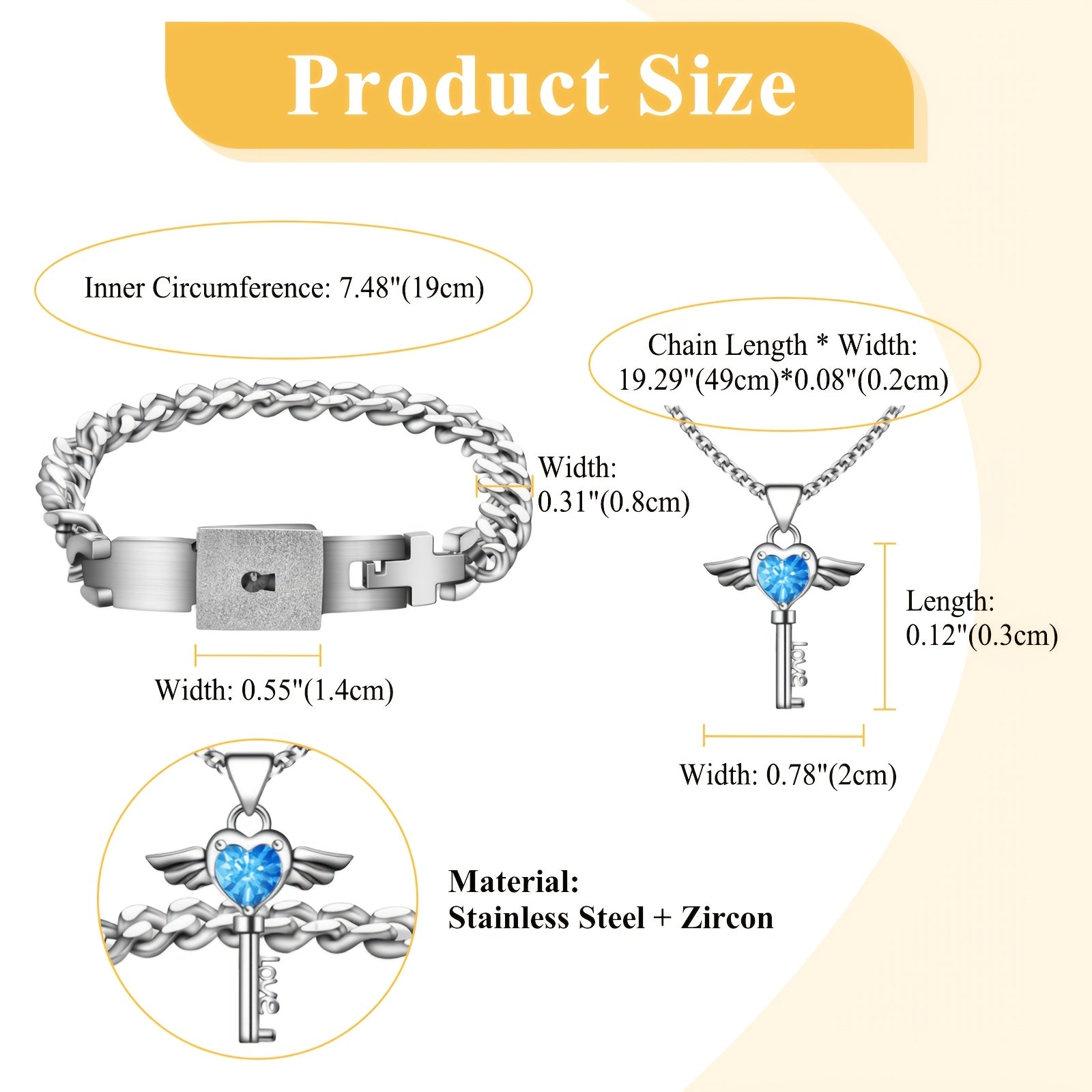 Bijoux assortis pour couple : Collier clé à ailes en forme de cœur pour femme, Bracelet cadenas cubain pour homme - Collier bracelet robuste en acier inoxydable