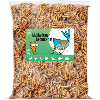 Larves de ver de farine séchées, aliment pour carpes koï, rongeurs, hérissons, oiseaux, reptiles, poissons, Mersjo 6,5 L 1 kg et 3 L 460 g
