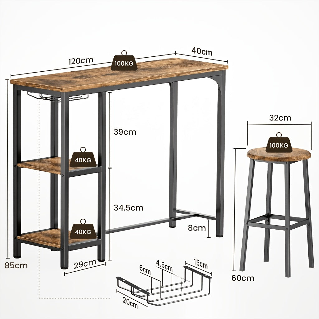 Ensemble de table et de chaises de bar 3 pièces, ensemble de table de bar moderne en fonte noire avec 2 tabourets, ensemble de table industrielle et de tabouret de bar, plateau en bois, table de pub rectangulaire avec étagères et porte-verres, pour cuisin