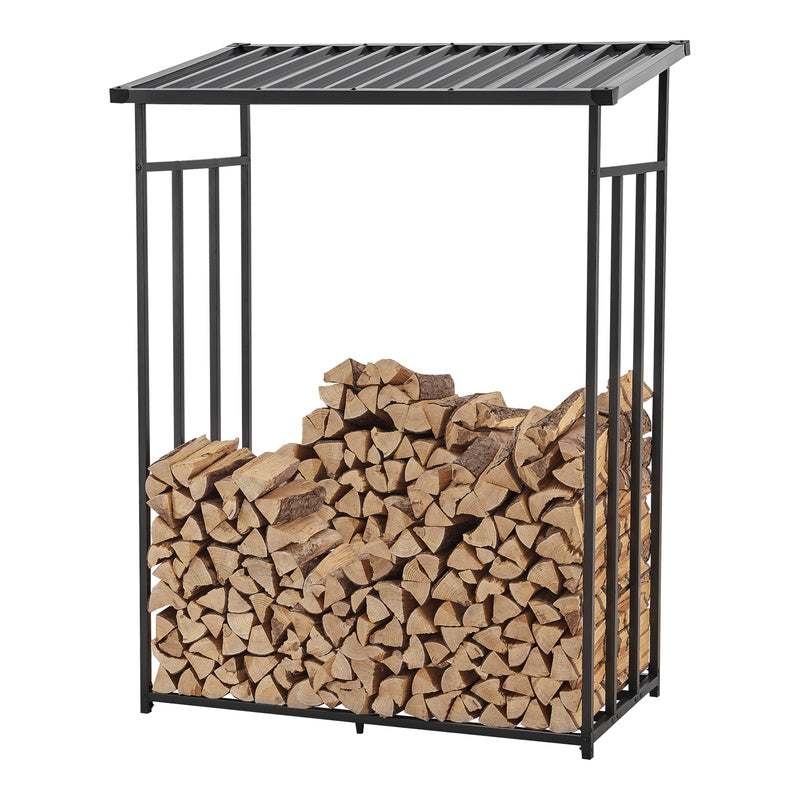 Porte-Bois de Chauffage Extérieur Yakutat avec Couverture, Support en Métal pour Bois de Chauffage, Étagère à Bûches et Aide à Empiler – Noir