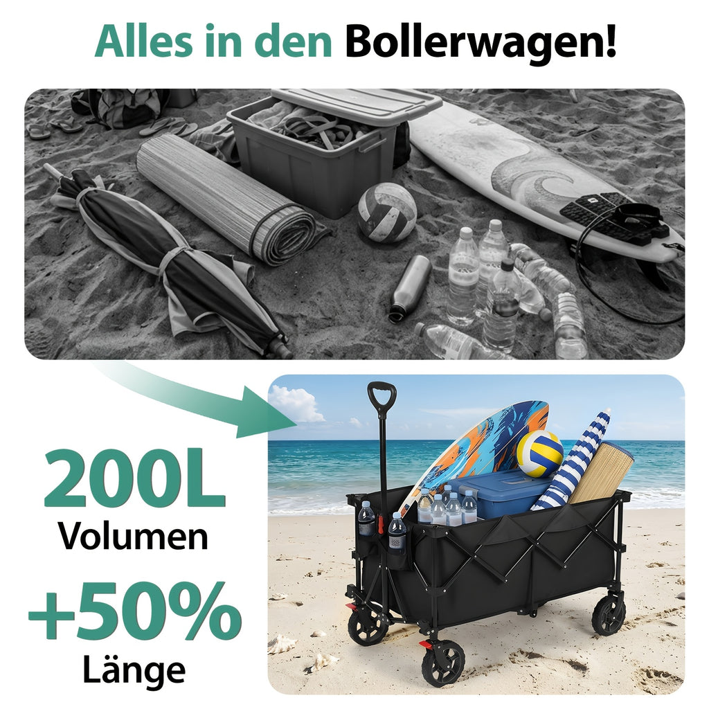 Chariot Pliant XXL Plus 200L Capacité de Charge 300KG, Chariot Pliable Adapté à l'Utilisation Hors Route avec Freins, Chariot Pliable dans Quatre Directions, Vert Olive/ Gris/ Bleu/ Noir
