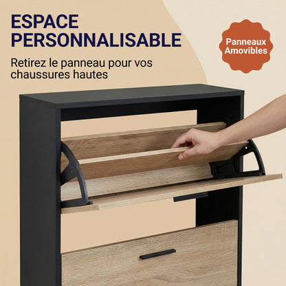 Meuble à chaussures avec 3 compartiments à abattant, armoire de rangement en bois pour jusqu'à 18 paires, organisateur d'entrée peu encombrant