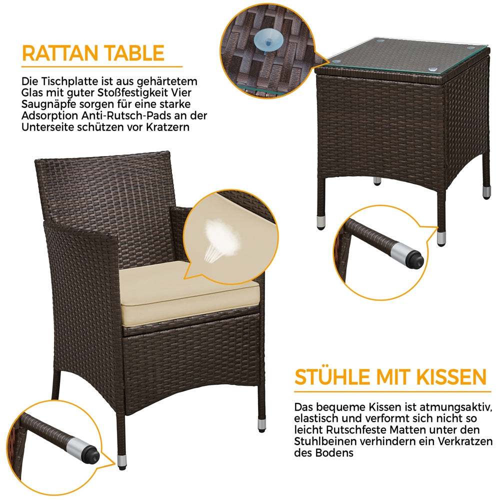 Costoffs Ensemble de mobilier de jardin et de balcon 3 pièces, Groupe de sièges de jardin, Ensemble de mobilier de patio comprenant 2 chaises avec table et coussins d'assise pour balcon, terrasse, jardin