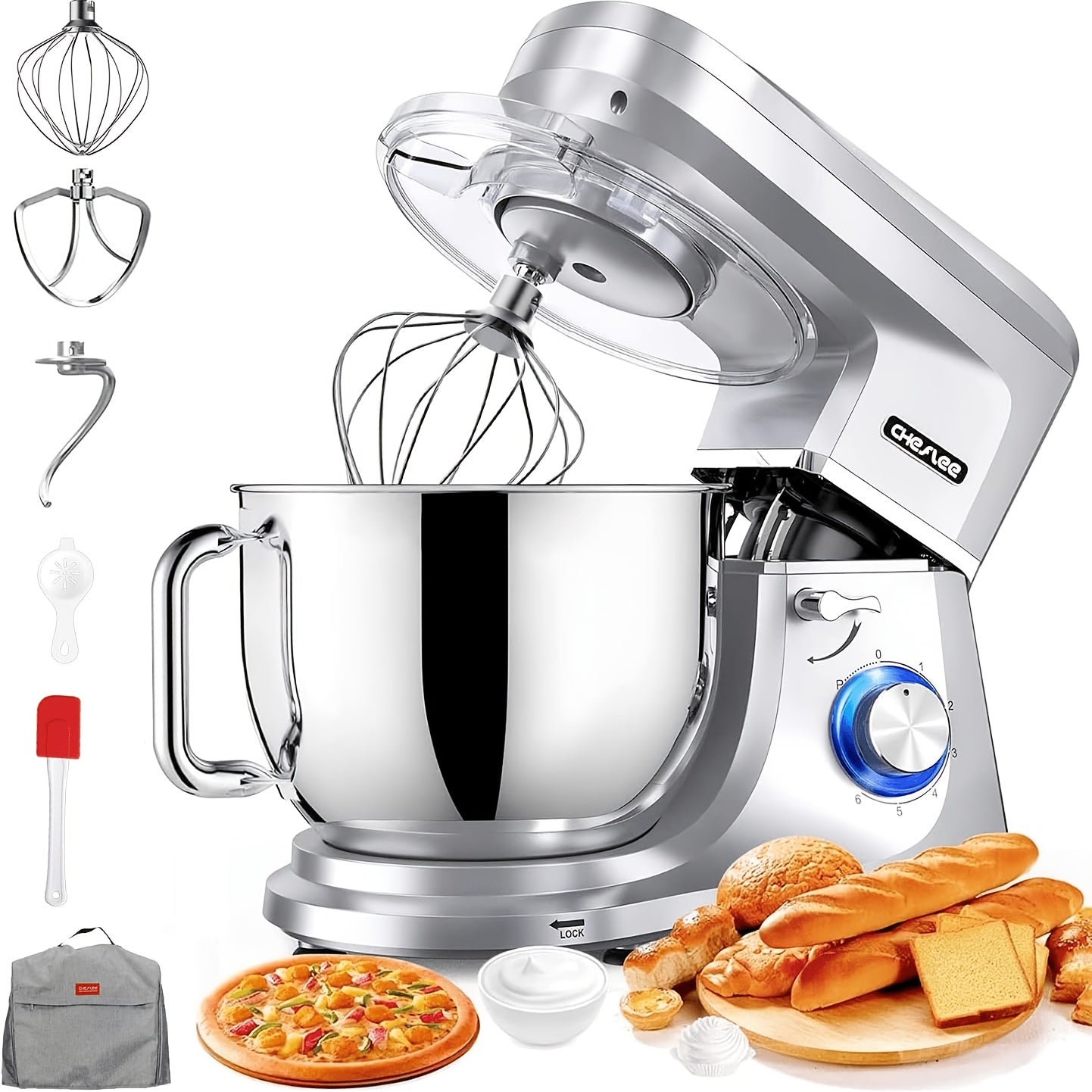 Machine à pétrir Howork, machine à pétrir professionnelle, robot culinaire multifonction silencieux de 7,2 litres, avec fouet, mélangeur, crochet, bol en acier inoxydable, 6 vitesses