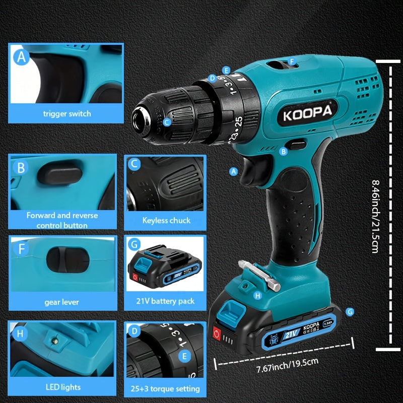 KOOPA TOOL Tournevis Électrique, Kit de Perceuse 21V, Tournevis de Perçage à 3 Niveaux de Couple 25, Équipé d'une Fonction de Perceuse à Impact et de Batterie Rechargeable, Adapté à une Boîte à Outils pour Toutes les Décorations Ménagères Quotidiennes