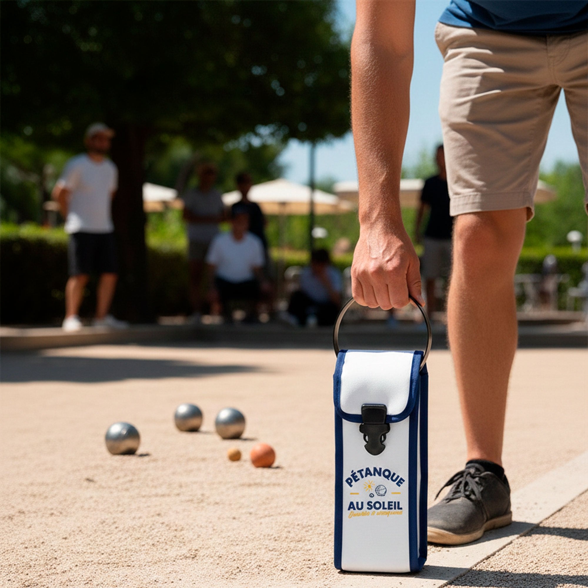 Étui de Pétanque Au Soleil – Sacoche 3 Boules Blanc et Bleu en Simili Cuir