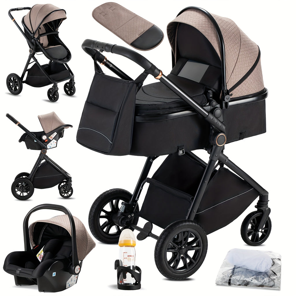 Poussette 3-en-1 Lit Bébé Ensemble Complet Poussette Pliante en Un Clic, Poussette Combi Cadre en Aluminium pour Nouveau-nés