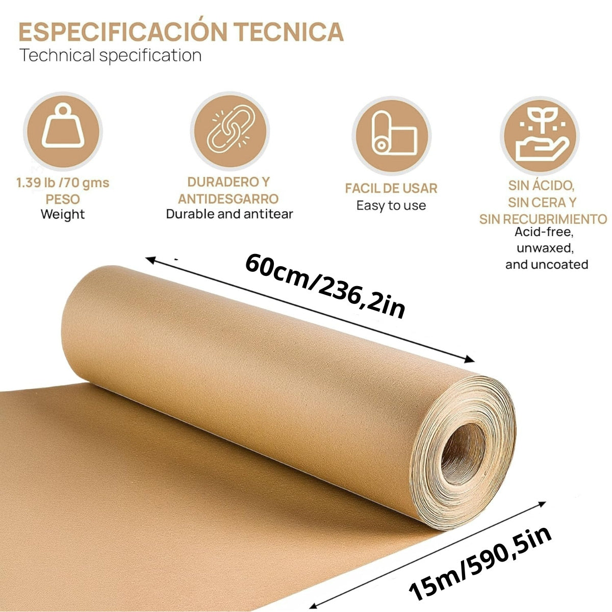 1 Rouleau de Papier Kraft Marron 60 cm × 15 m – Papier en Rouleau Polyvalent pour Emballage, Emballage Cadeau, Création de Patrons, Loisirs Créatifs, Artisanat, Décoration et Industrie