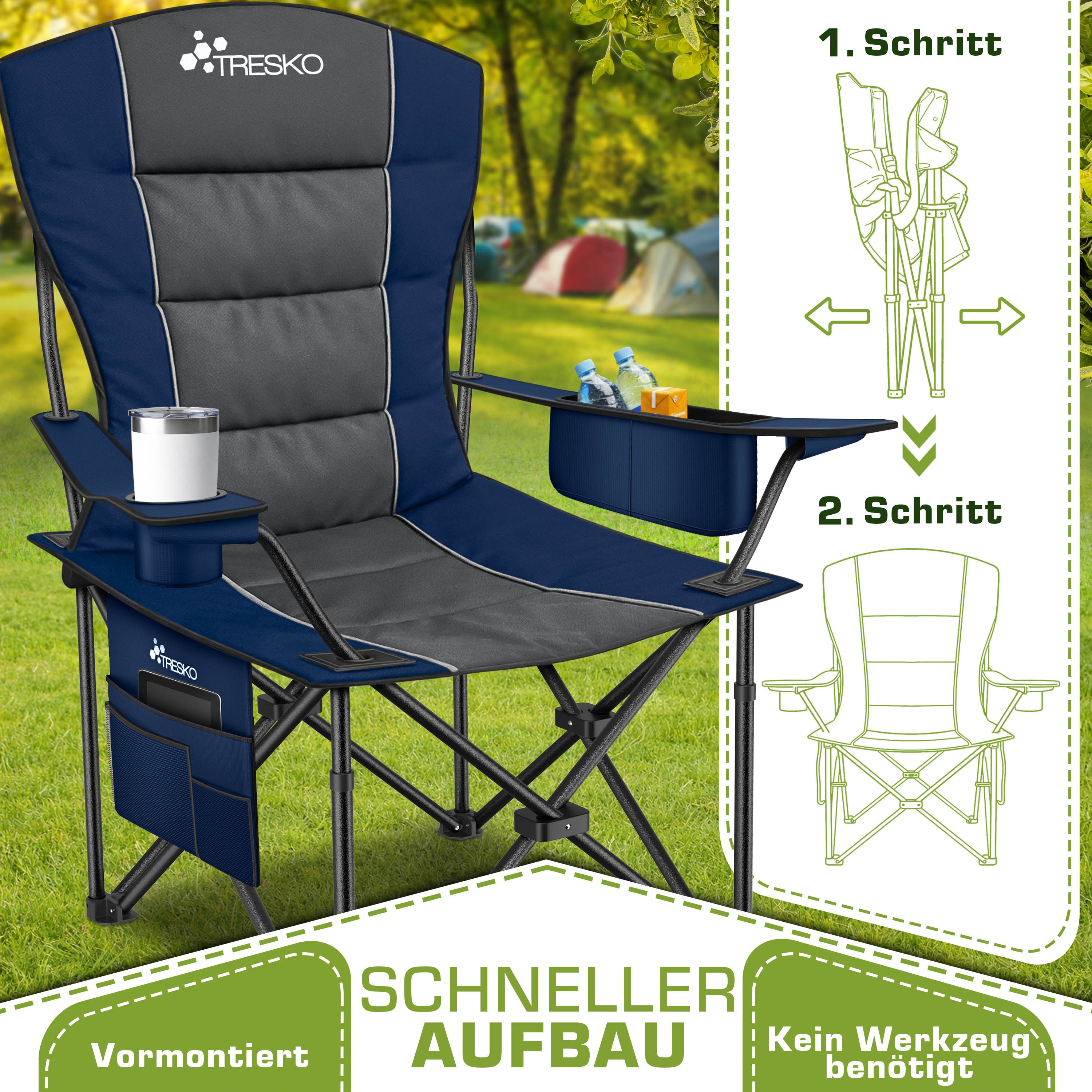 TRESKO® Chaise de camping pliable jusqu'à 150 kg | Chaise de pêche à dossier haut | Chaise pliante avec accoudoirs et porte-gobelet | Chaises de camping pliantes