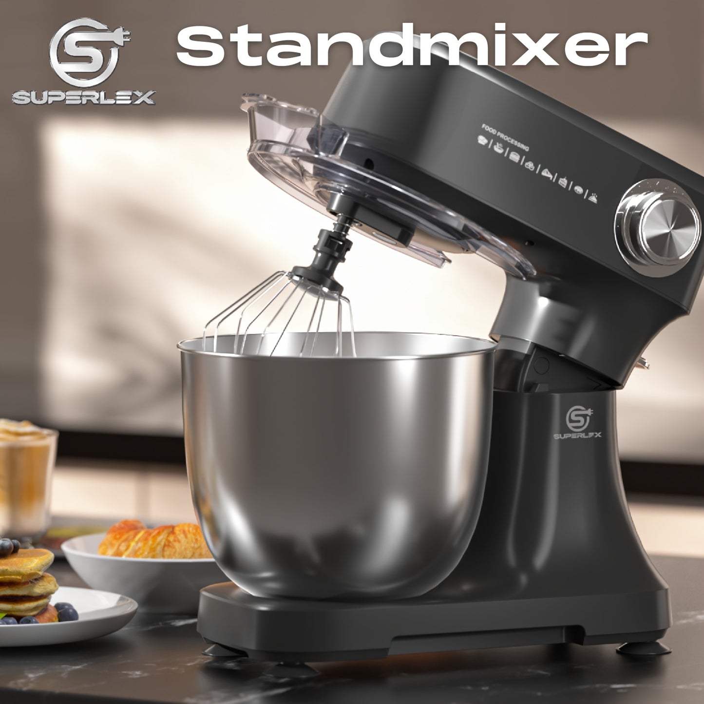 SUPERLEX Batteur de Cuisine 3-en-1 800W | Robot Culinaire 4.5L avec Fouet et Crochet à Pâte | Appareil de Pétrissage de Cuisine Polyvalent